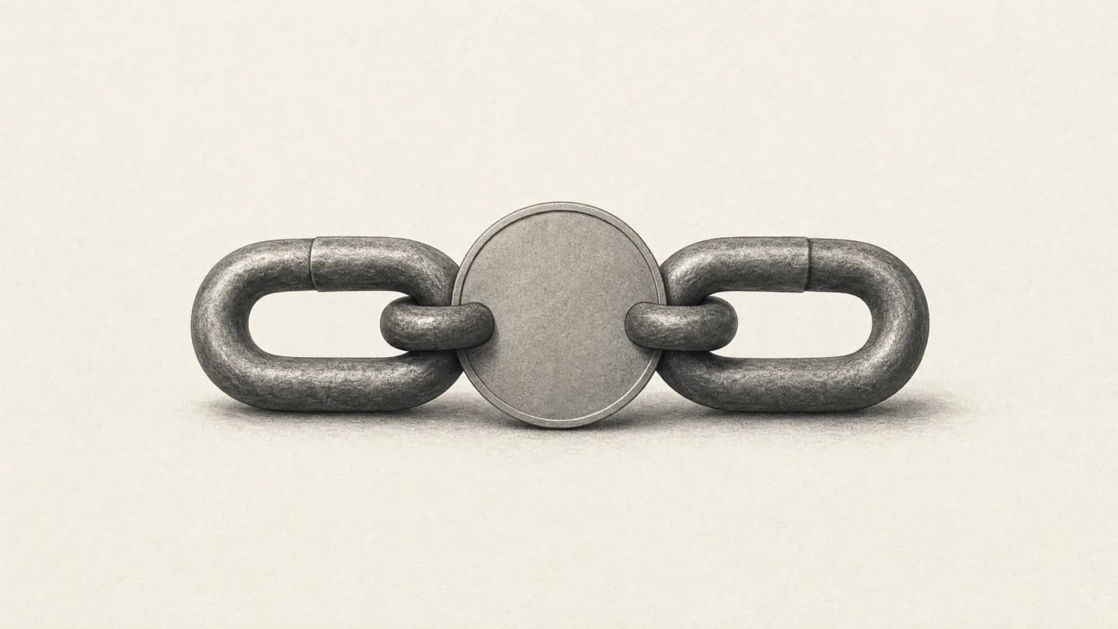 Editorial illustration of two interlocking chain links holding a coin, representing crypto affiliate programs that pay