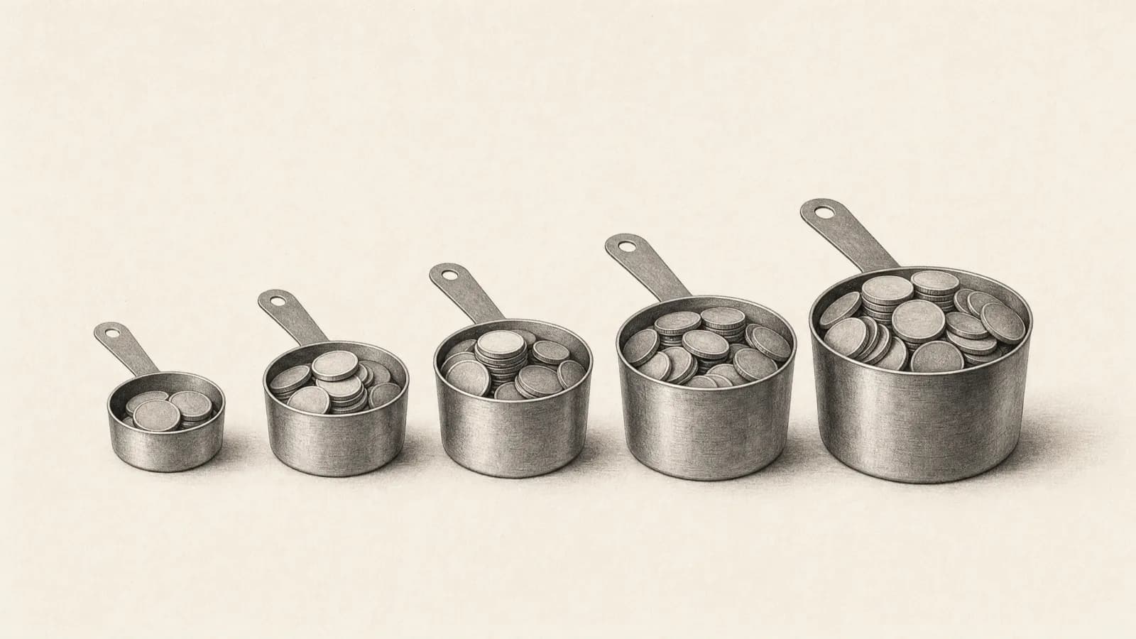 Editorial illustration of measuring cups holding different amounts of coins, representing crypto CPM rates for publishers