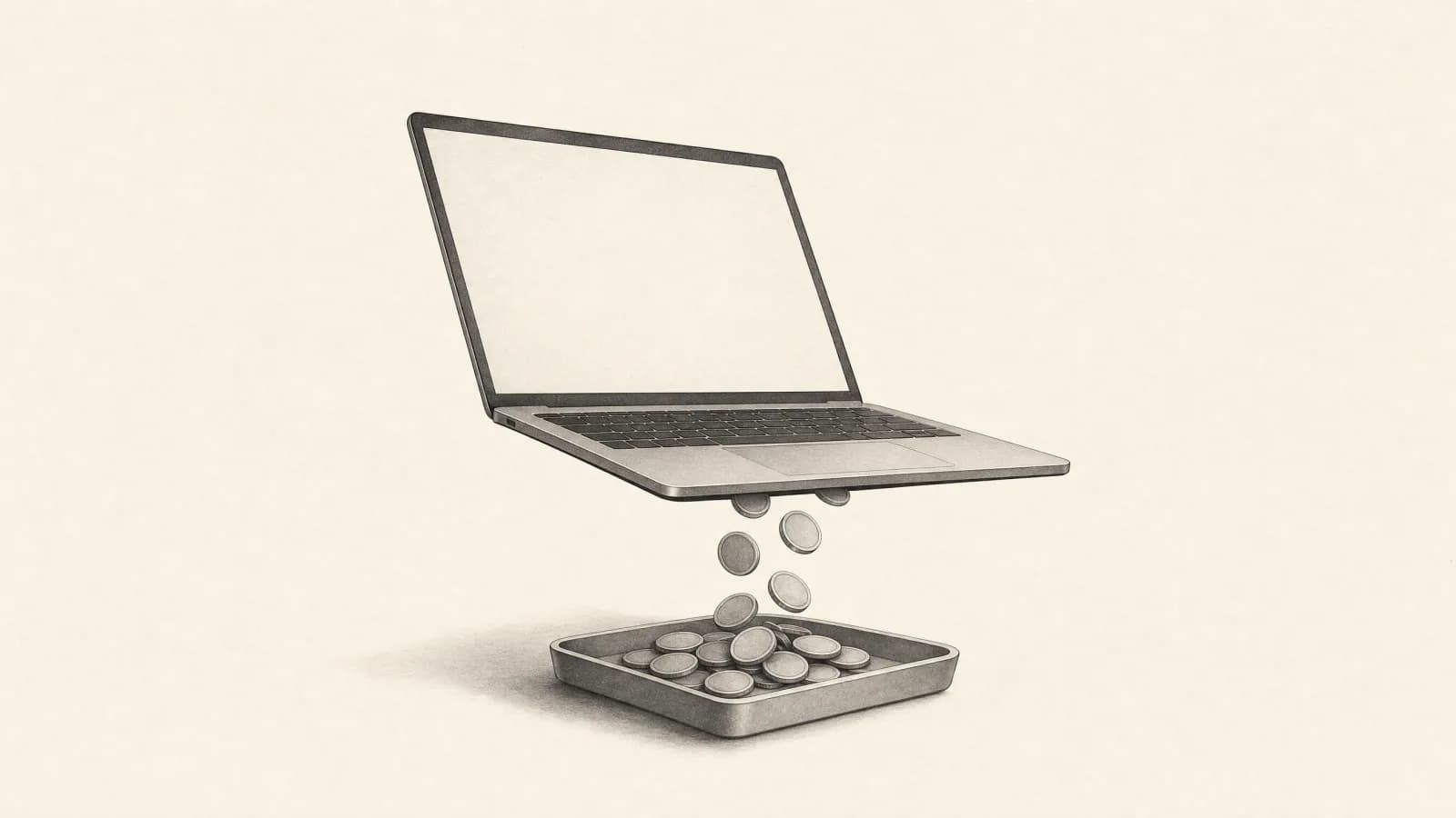Editorial illustration of a laptop with coins dropping into a tray beneath it, representing crypto website monetization